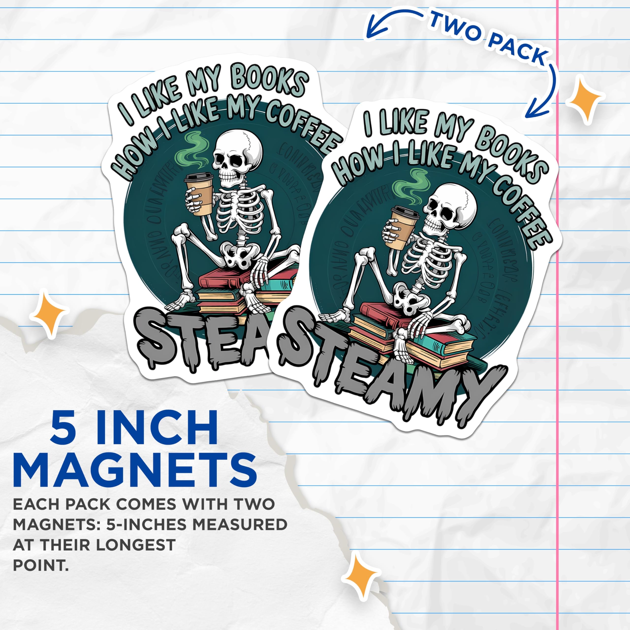 (2 Pack) Skeleton Books Coffee Lover Magnets - Steamy Reader Humor Quote - Bookish Kitchen Locker Refrigerator Decor - 5 Inches On Longest Side - Thick Durable Magnet - Made in USA - MAG20410