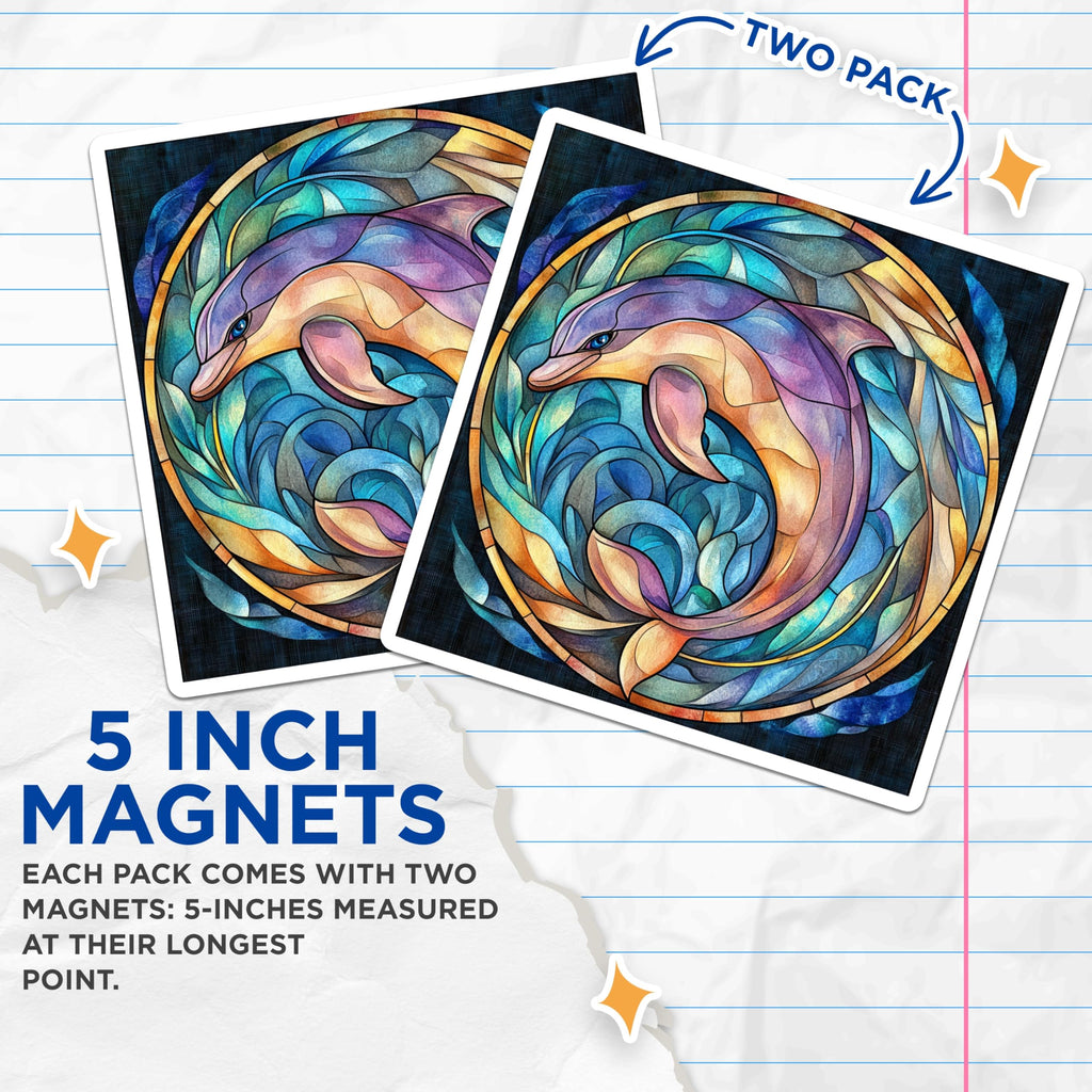 (2 Pack) Dolphin Stained Glass Magnets - Ocean Animal Refrigerator Decor - Vibrant Sea Life Art - Coastal Home Kitchen Accent - 5 Inches On Longest Side - Thick Durable Magnet - Made in USA - MAG30689