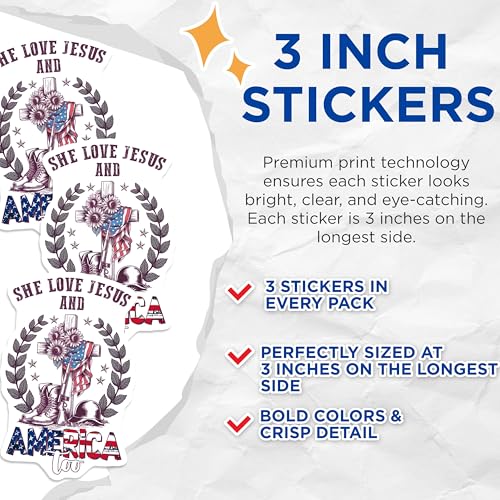 (3 Pack) She Love Jesus Decals - America Too - Patriotic Decal - 3 Inches On Longest Side - Easy Peel & Apply - Made in USA - 3MCS7122