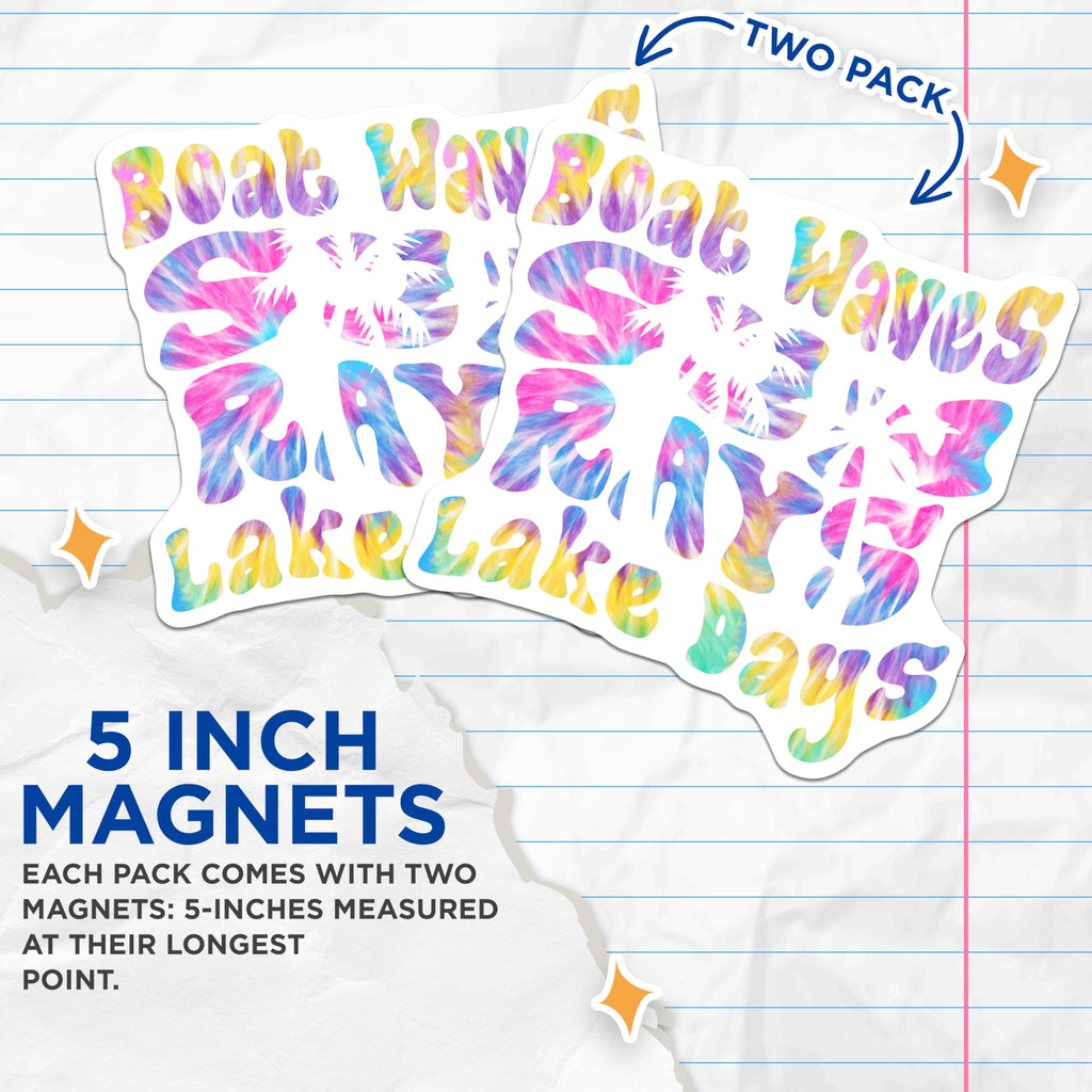 (2 Pack) Boat Waves Sun Rays Lake Days Magnets - Tie Dye Summer Vacation Vibes - Palm Tree Beach Life Decor - 5 Inches On Longest Side - Thick Durable Magnet - Made in USA - MAG22628