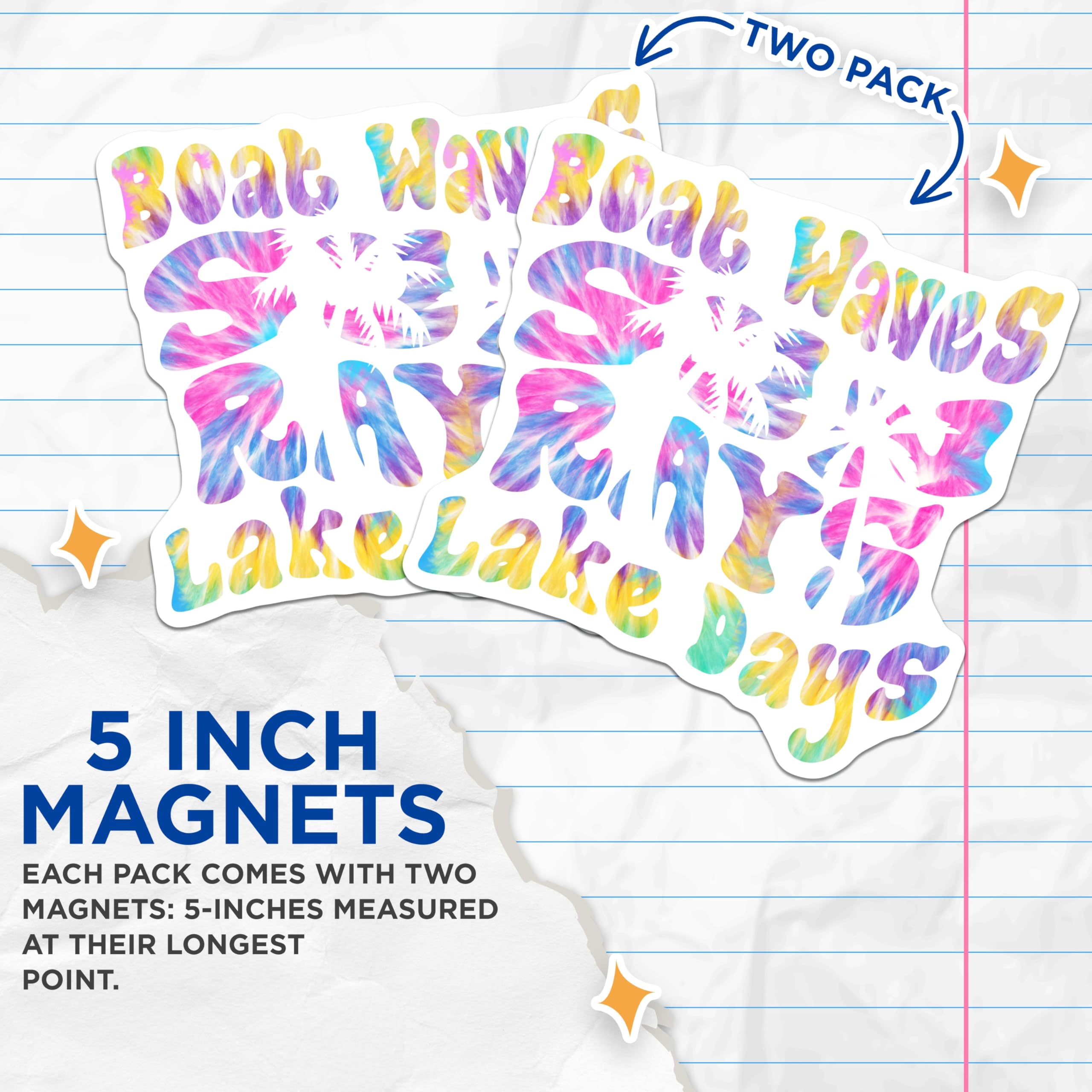 (2 Pack) Boat Waves Sun Rays Lake Days Magnets - Tie Dye Summer Vacation Vibes - Palm Tree Beach Life Decor - 5 Inches On Longest Side - Thick Durable Magnet - Made in USA - MAG22628