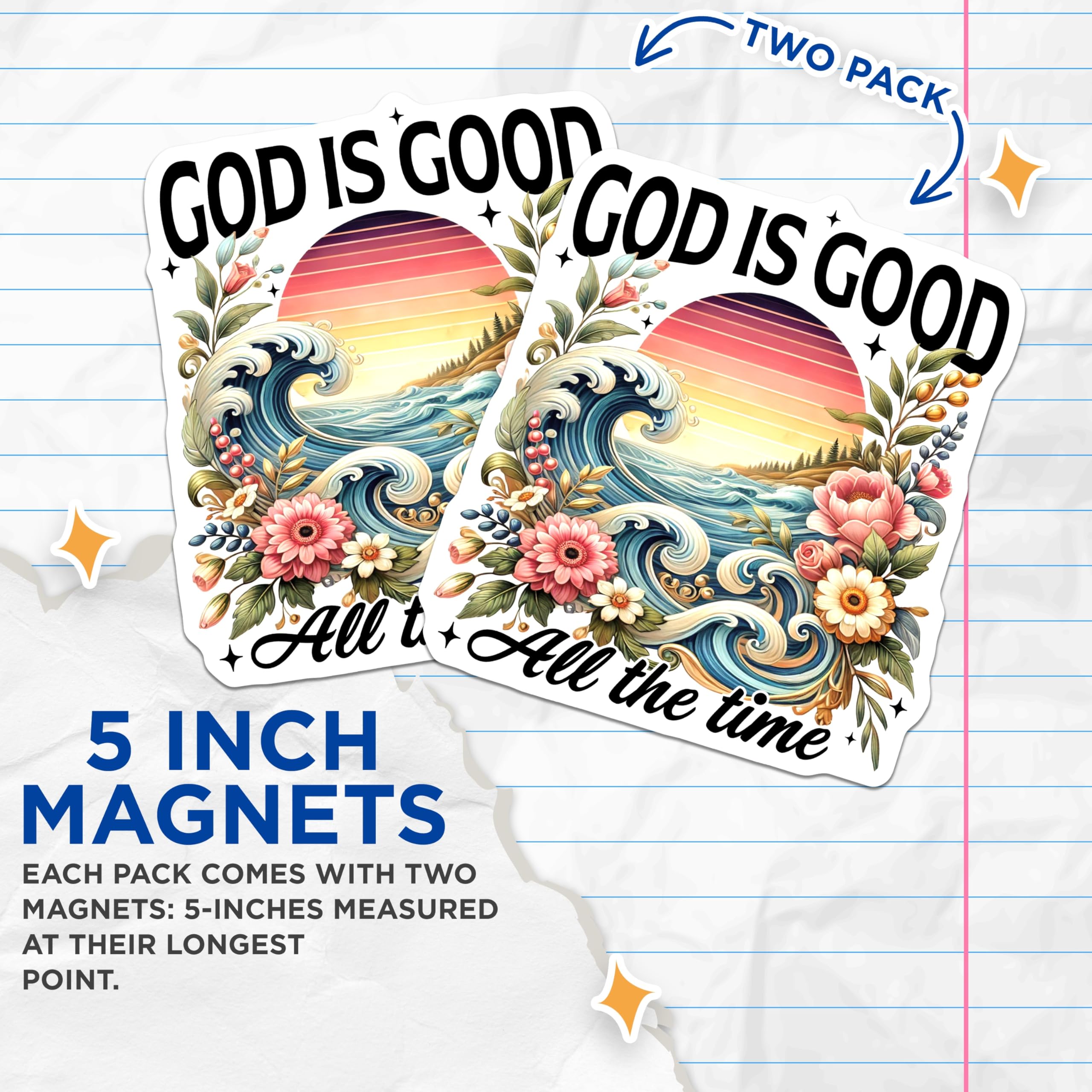 (2 Pack) Christian Magnets - God is Good Art - Ocean Floral Decor - 5 Inches On Longest Side - Thick Durable Magnet - Made in USA - MAG28520