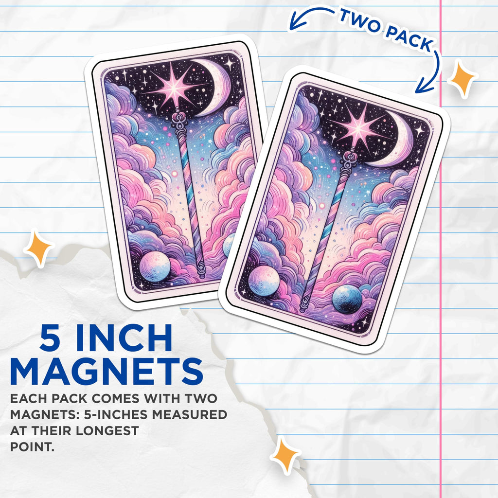 (2 Pack) Magic Wand Magnets - Pastel Celestial Art - Dreamy Cosmic Moon Stars Decor - Whimsical Fantasy - 5 Inches On Longest Side - Thick Durable Magnet - Made in USA - MAG20161