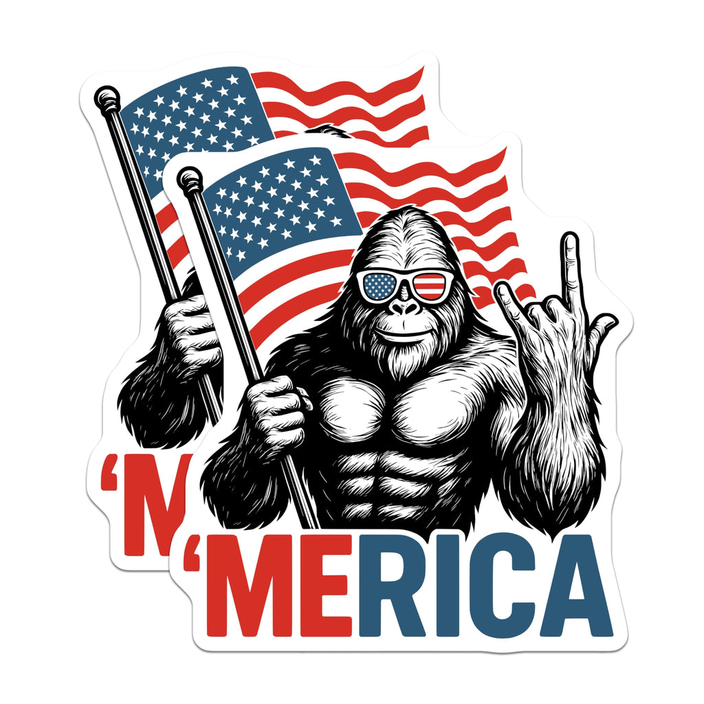 (2 Pack) Merica Bigfoot Magnets - Patriotic Sasquatch Decor - USA Flag Rocker Fridge - Fourth of July Accents - 5 Inches On Longest Side - Thick Durable Magnet - Made in USA - MAG20547