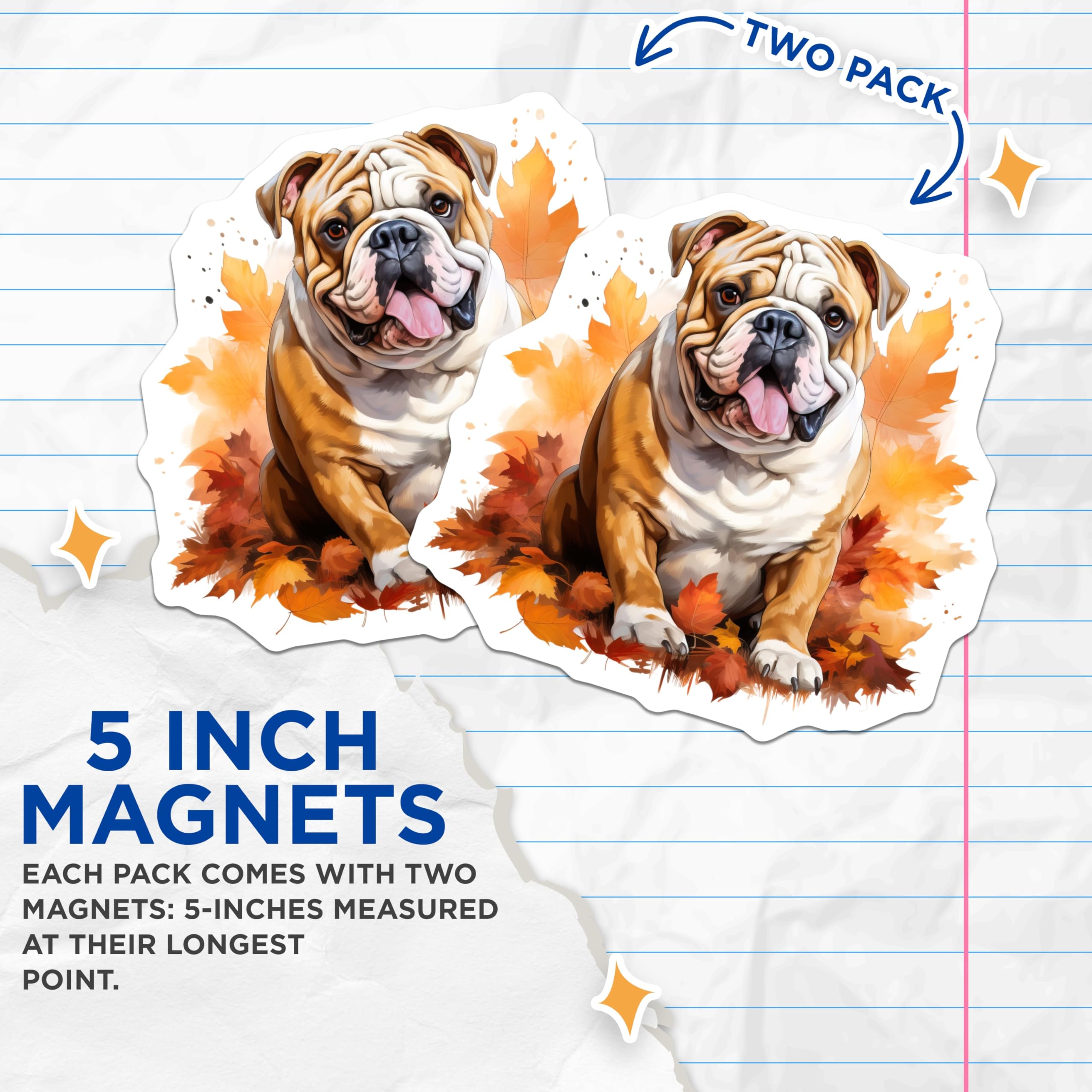 (2 Pack) Cute Bulldog Magnets - Autumn Leaves Dog Decor - Fall Refrigerator Magnets - 5 Inches On Longest Side - Thick Durable Magnet - Made in USA - MAG25917