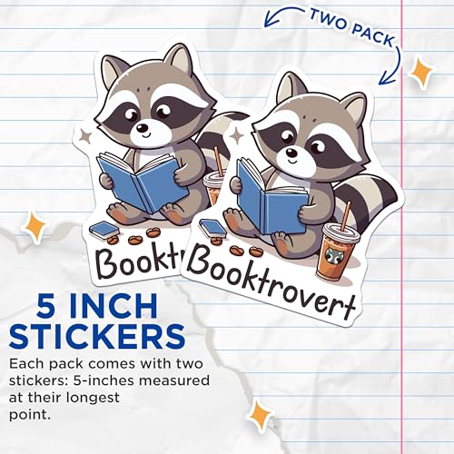 (2 Pack) Booktrovert Stickers - Cute Raccoon Reading - Animal Sticker - 5" On Longest Side - Sticks to Smooth Flat Surfaces - Made in USA - BMCS6219
