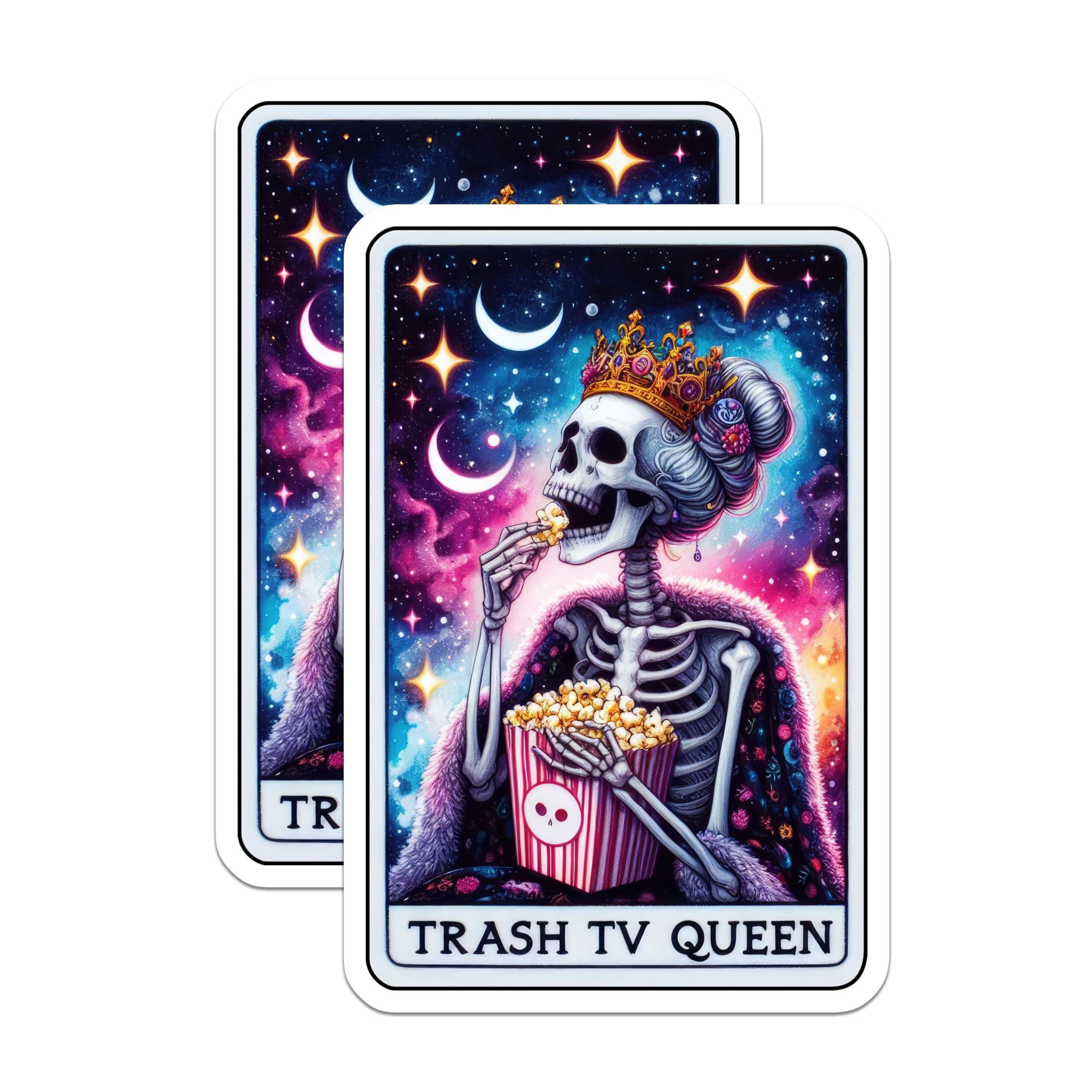 (2 Pack) Trash TV Queen Stickers - Funny Skeleton Art - Pop Culture Decal - 5" On Longest Side - Sticks to Smooth Flat Surfaces - Made in USA - BMCS5524