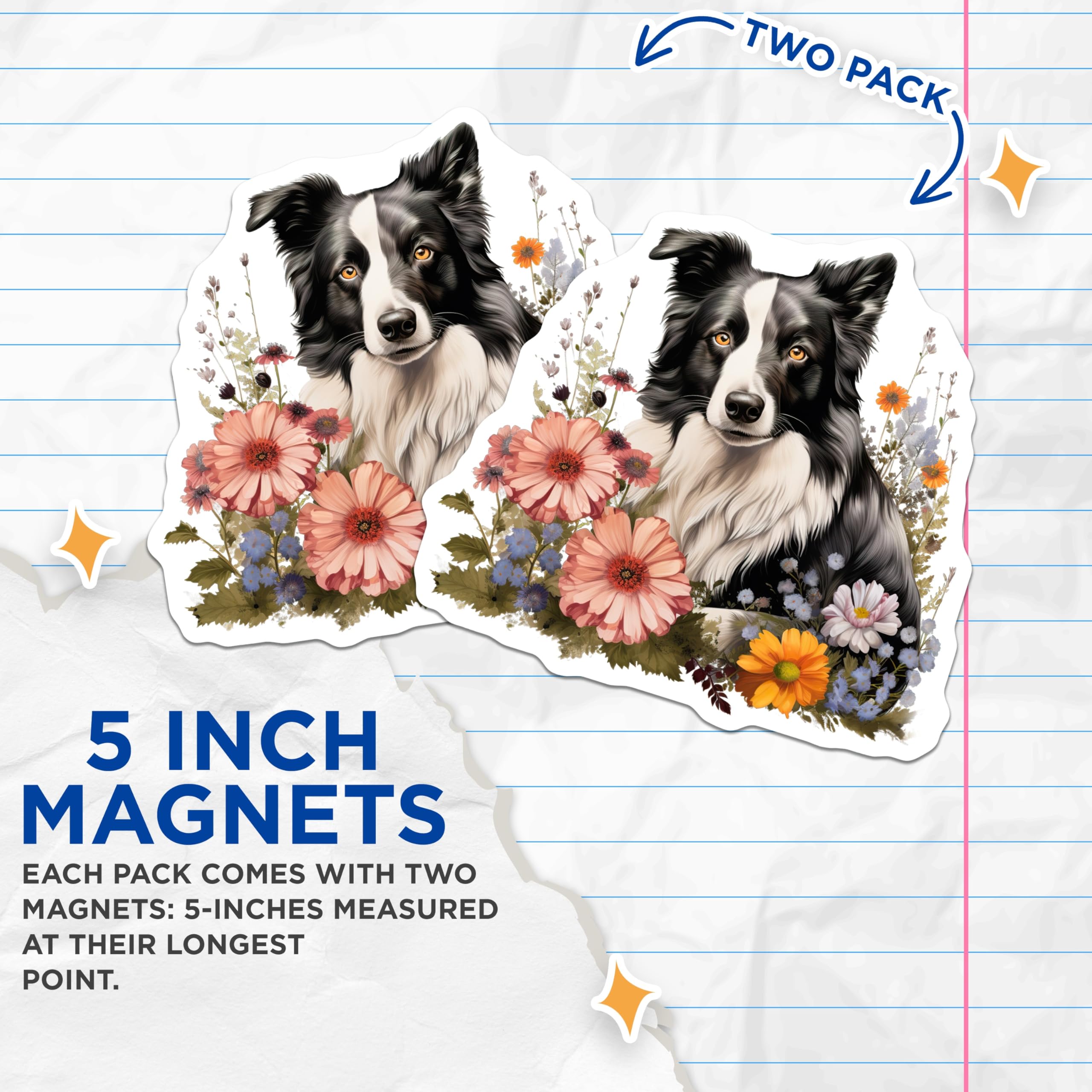 (2 Pack) Border Collie Magnets - Whimsical Floral Dog Art - Pet Lover Refrigerator Decor - Canine Companion Collectible - 5 Inches On Longest Side - Thick Durable Magnet - Made in USA - MAG24605