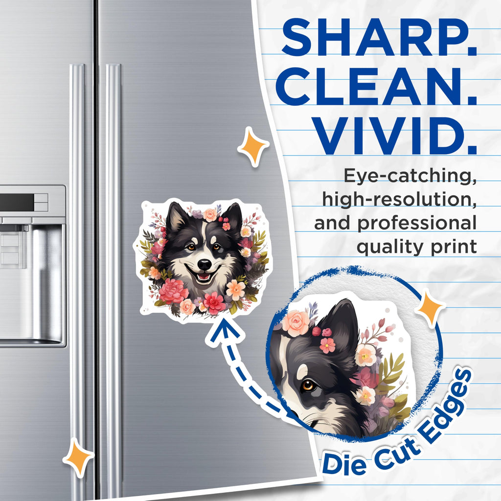 (2 Pack) Happy Siberian Husky Magnets - Floral Dog Refrigerator Decor - Cute Animal Lover Locker Magnetic Set - 5 Inches On Longest Side - Thick Durable Magnet - Made in USA - MAG24152