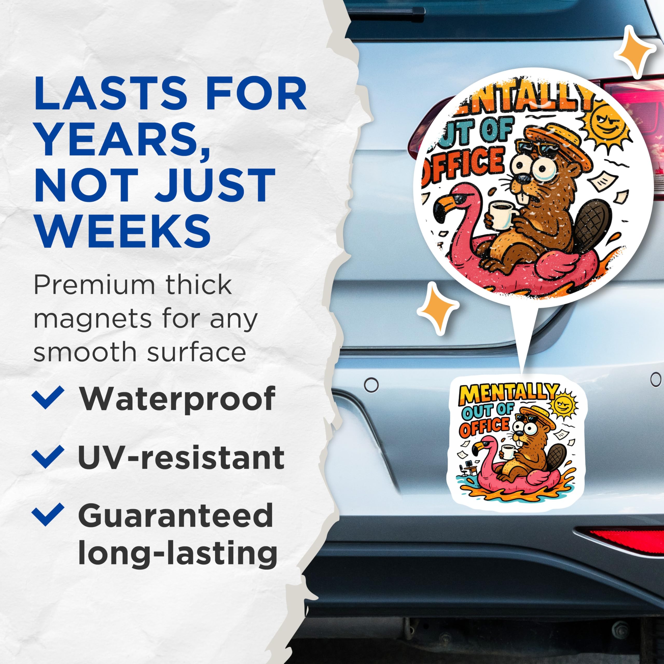 (2 Pack) Mentally Out of Office Magnets - Beaver on Flamingo Float - Funny Work Humor Decor - Summer Vacation Mood Reminders - 5 Inches On Longest Side - Thick Durable Magnet - Made in USA - MAG21488