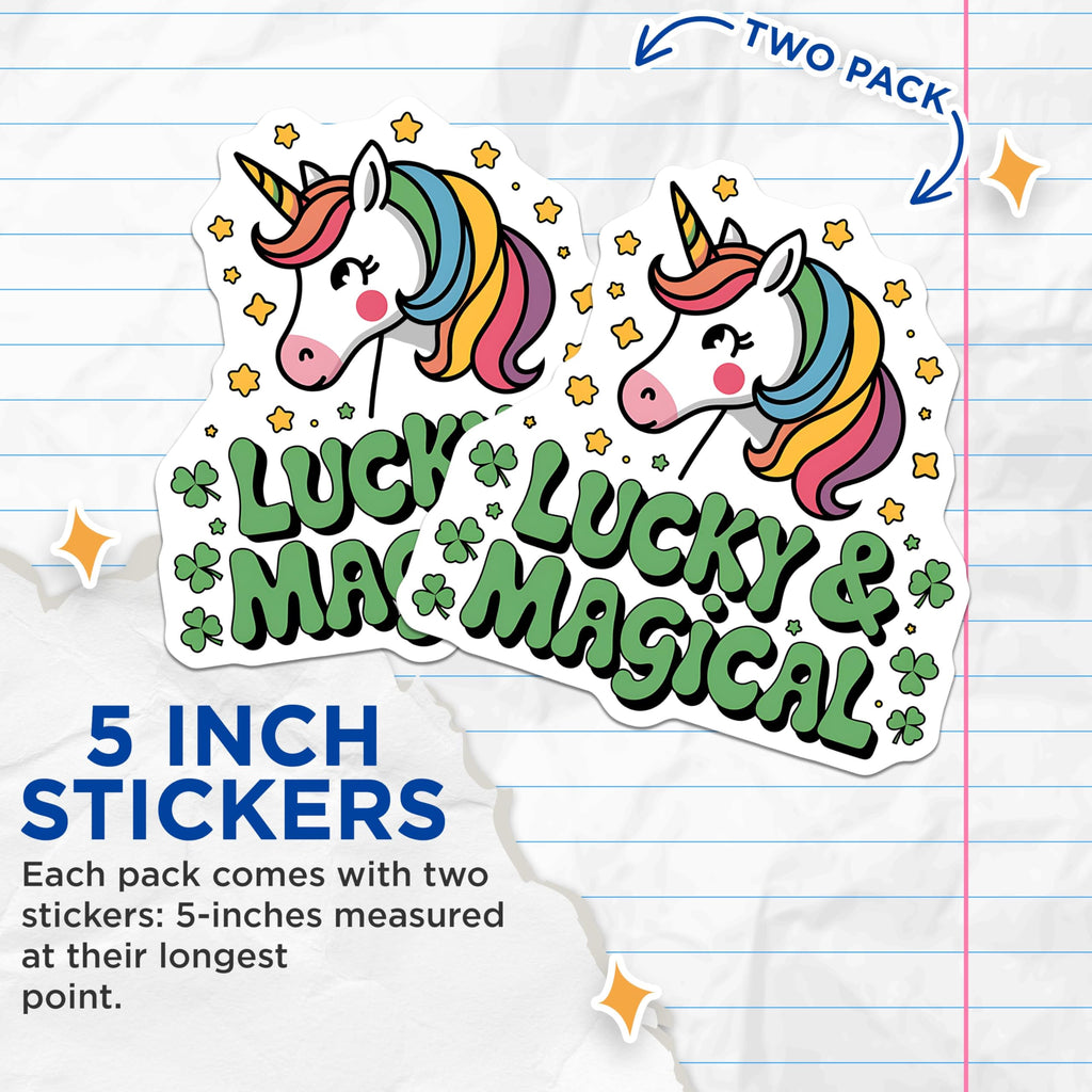 (2 Pack) Lucky and Magical Unicorn Stickers - Rainbow Unicorn Stickers - Cute Quotes Unicorn Stickers - 5" On Longest Side - Sticks to Smooth Flat Surfaces - Made in USA - BMCS3919