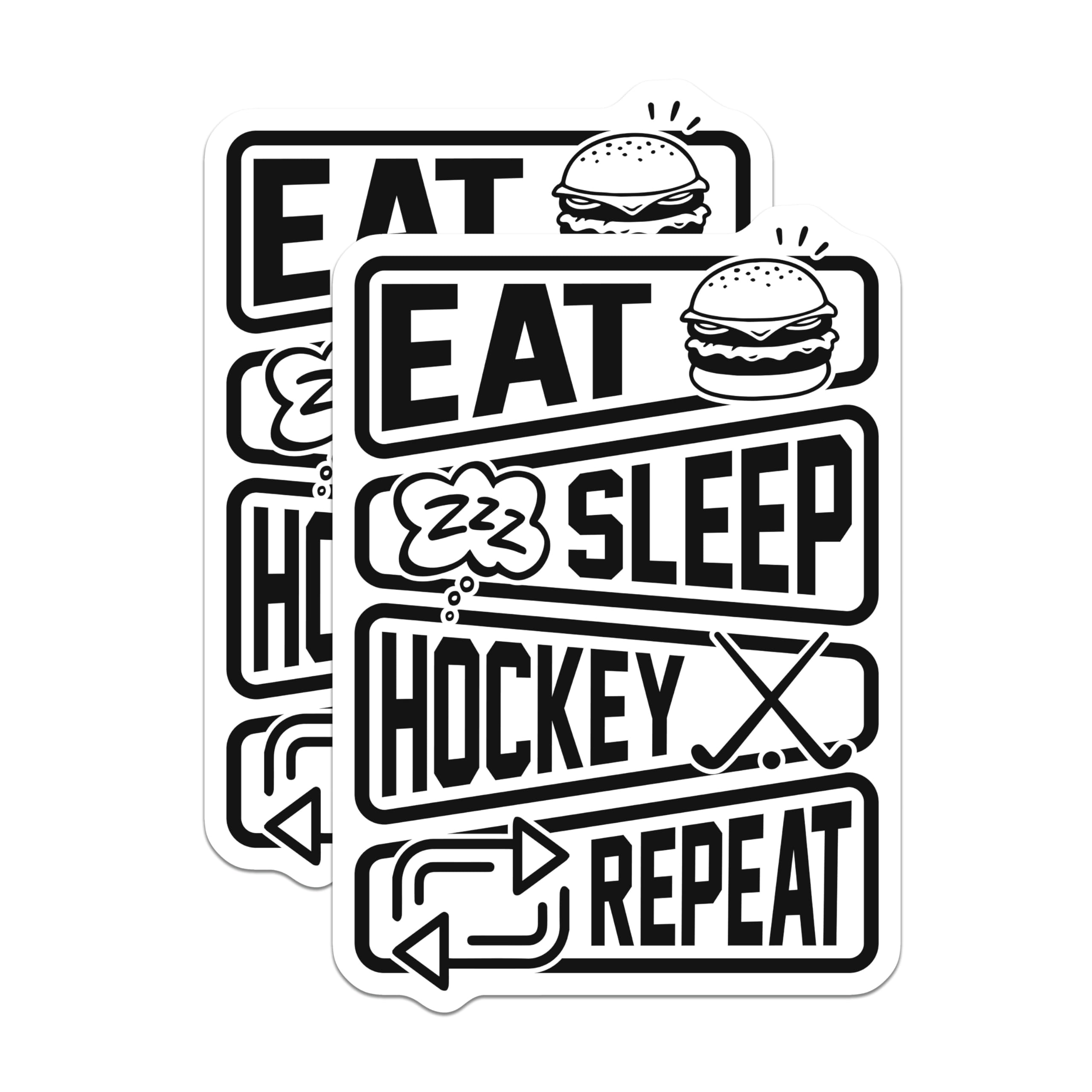 (2 Pack) Eat Sleep Hockey Repeat Stickers - Hockey Lover Decal - Funny Sports Fan - 5" On Longest Side - Sticks to Smooth Flat Surfaces - Made in USA - BMCS18455