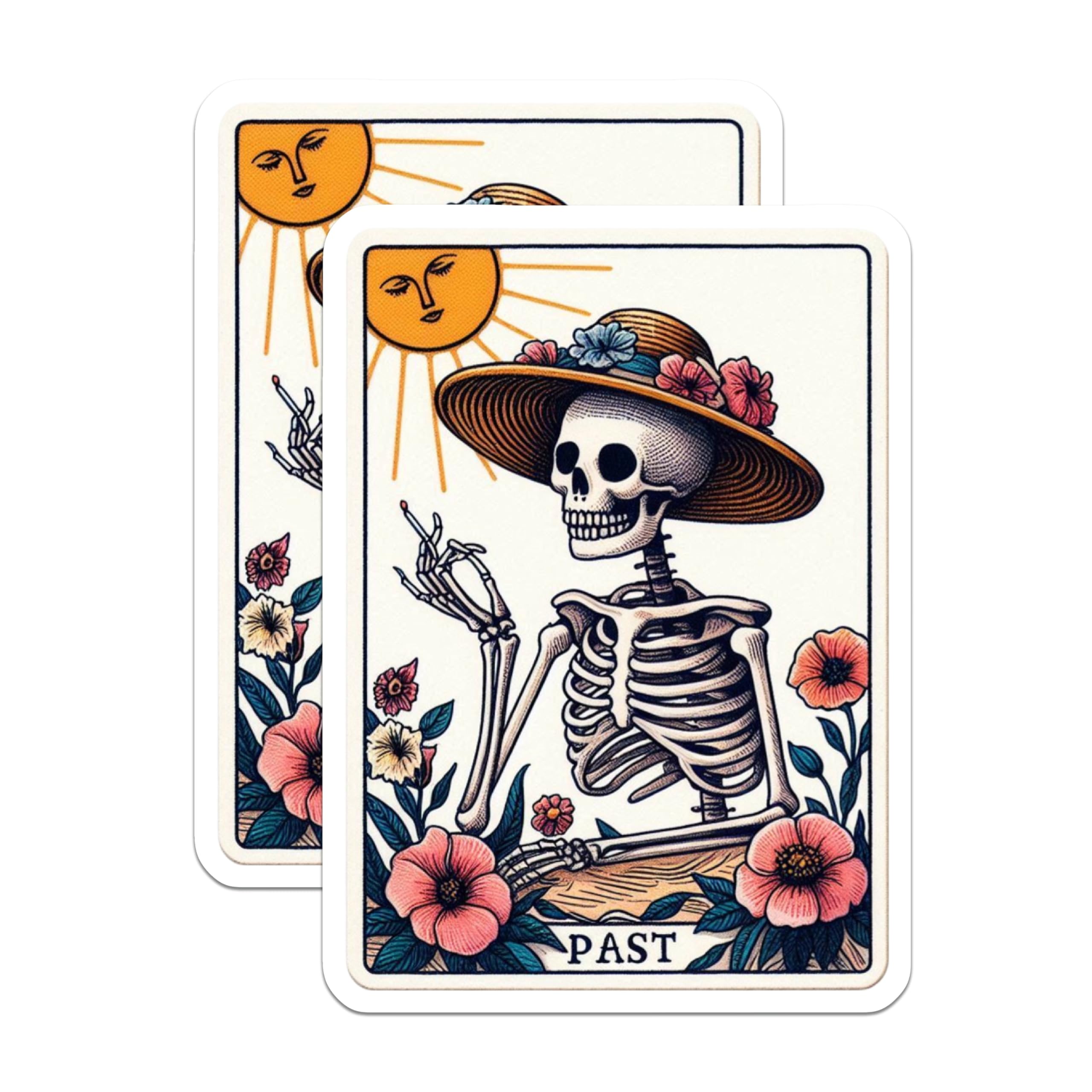 (2 Pack) Skeleton Magnets - Straw Hat Floral Skeleton - Past Tarot Card Art Decor - 5 Inches On Longest Side - Thick Durable Magnet - Made in USA - MAG22648