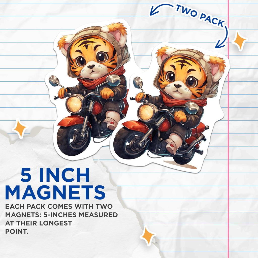 (2 Pack) Tiger Rider Magnets - Motorcycle Animal Art - Cute Biker Decor - 5" On Longest Side - Premium Magnet - for Cars, Refrigerators, Toolboxes, Lockers - Made in USA - MAG16911