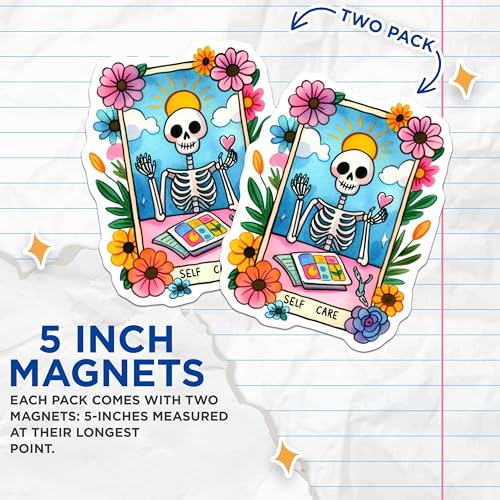 (2 Pack) Cartoon Skeleton Decor Magnet - Cute Skeleton Art - 5" On Longest Side - Sticks to Smooth Flat Surfaces - Made in USA - MAG9423
