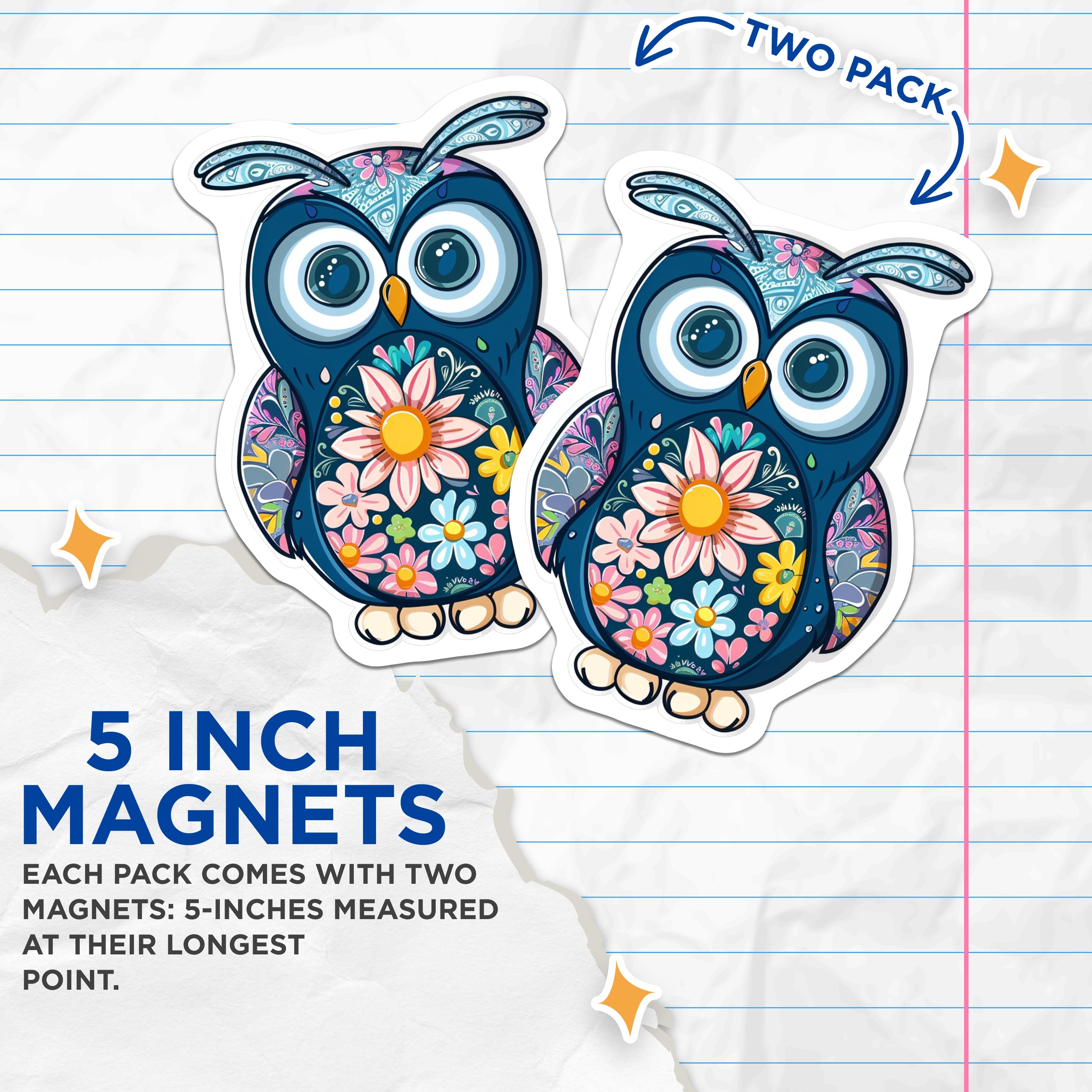 (2 Pack) Whimsical Floral Owl Magnets - Bohemian Kitchen Decor - Nature Inspired Folk Art - 5 Inches On Longest Side - Thick Durable Magnet - Made in USA - MAG39905