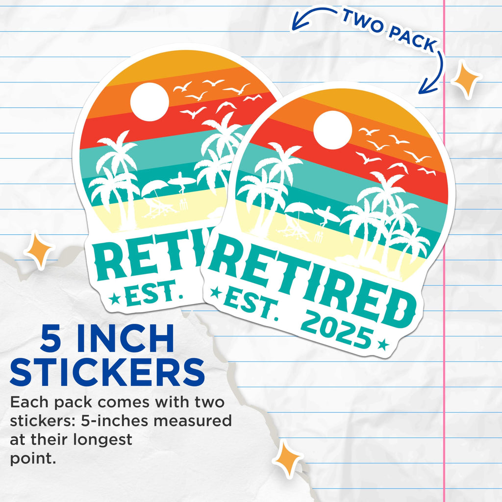 (2 Pack) Retired Est 2025 Stickers - Tropical Beach - Retirement Party Decorations - 5" On Longest Side - Sticks to Smooth Flat Surfaces - Made in USA - BMCS5740