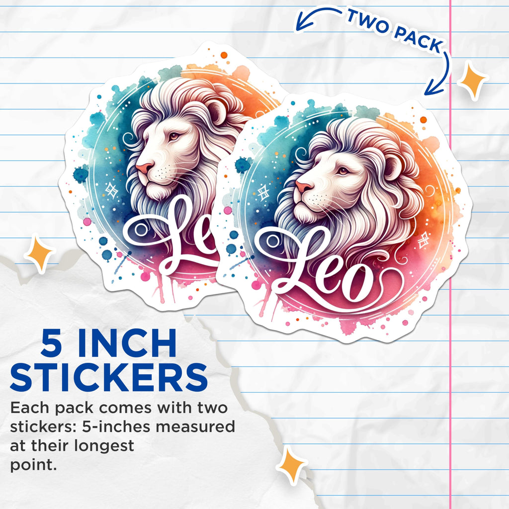 (2 Pack) Leo Zodiac Stickers - Astrology Star Sign - Lion Watercolor Art - 5" On Longest Side - Sticks to Smooth Flat Surfaces - Made in USA - BMCS6423