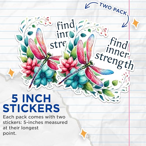 (2 Pack) Find Inner Strength Stickers - Inspirational Dragonfly Stickers - Motivational Nature Art Stickers - 5" On Longest Side - Sticks to Any Smooth Flat Surface - Made in USA - BMCS2695