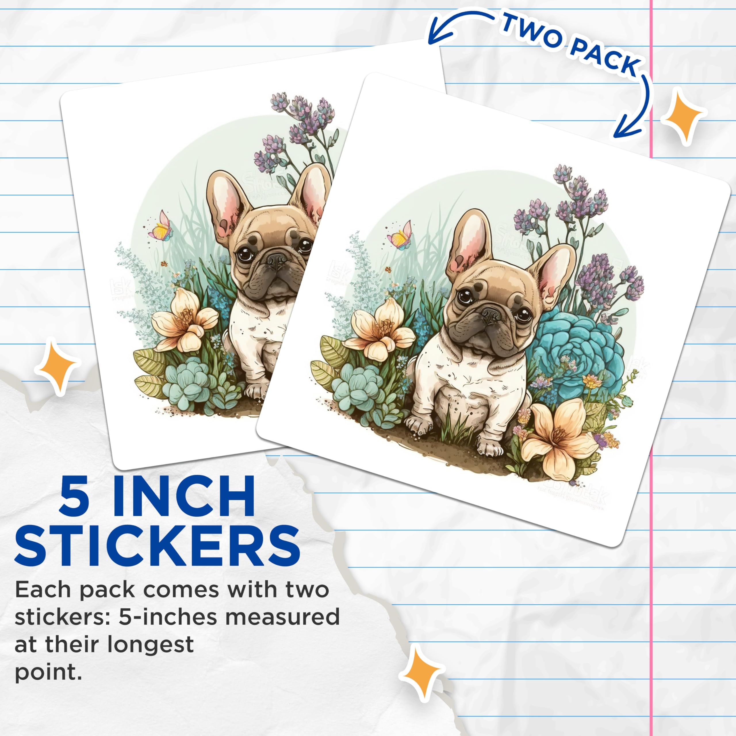 (2 Pack) French Bulldog Stickers - Floral Dog Decals - Cute Puppy Stickers - 5" On Longest Side - Sticks to Smooth Flat Surfaces - Made in USA - BMCS15315