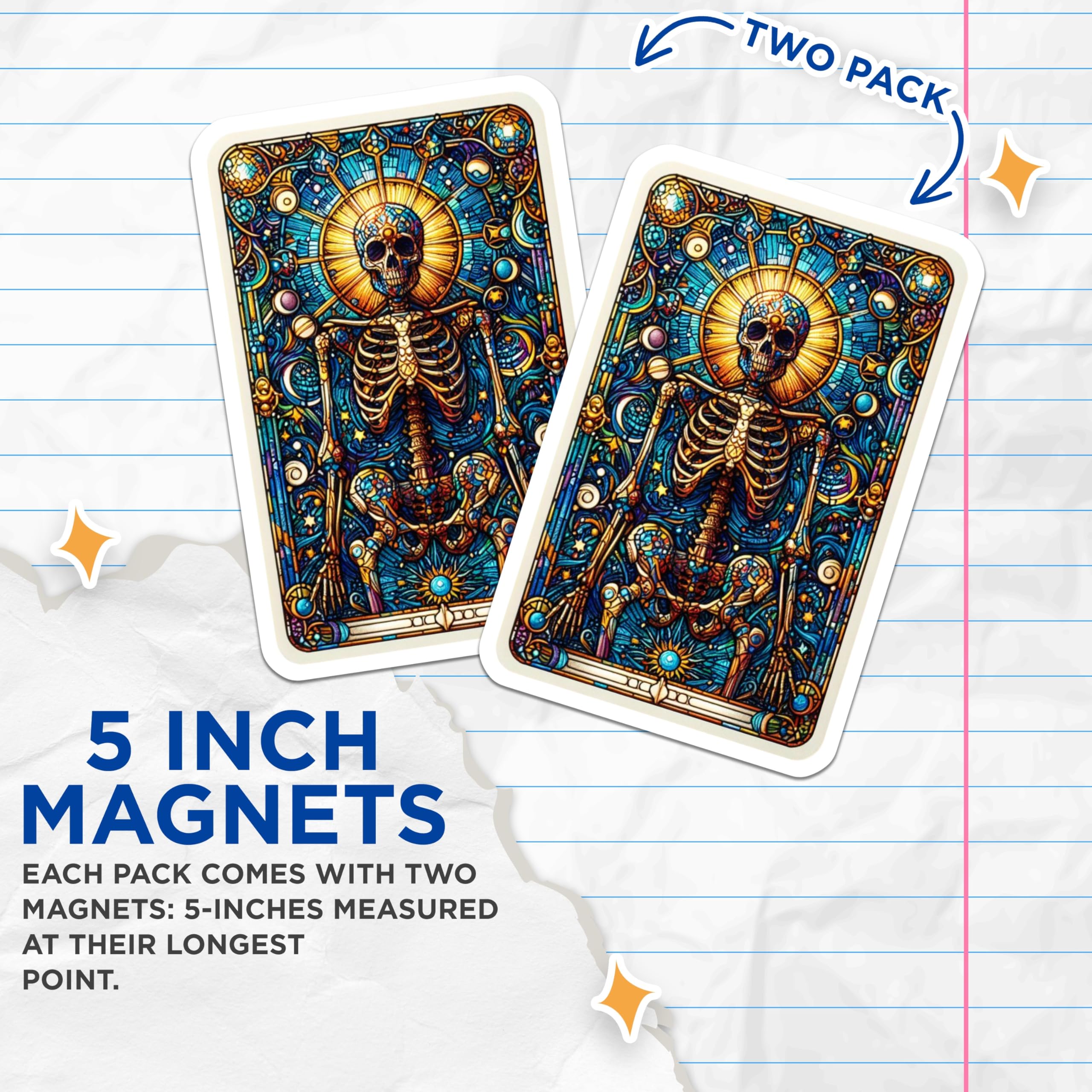 (2 Pack) Vibrant Stained Glass Skeleton Magnets - Intricate Cosmic Skull Art Decor - Celestial Mystic Refrigerator Magnets - 5 Inches On Longest Side - Thick Durable Magnet - Made in USA - MAG22473