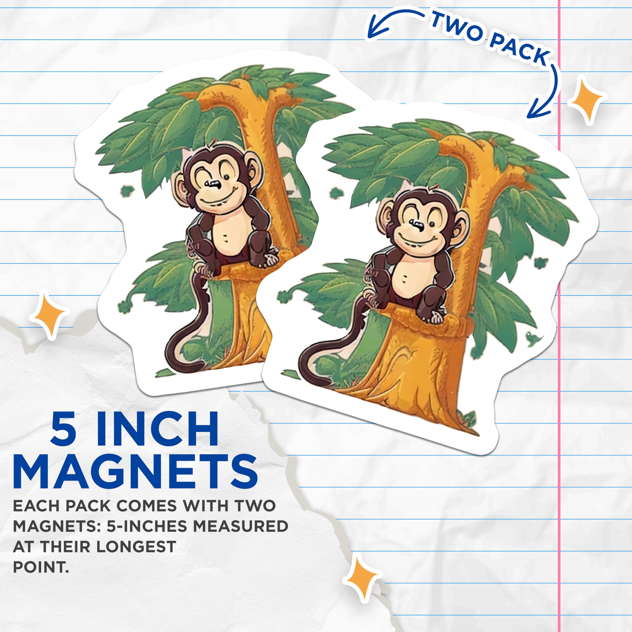 (2 Pack) Cute Monkey Magnets - Jungle Animal Decor - Refrigerator Art Accents - 5 Inches On Longest Side - Thick Durable Magnet - Made in USA - MAG22059