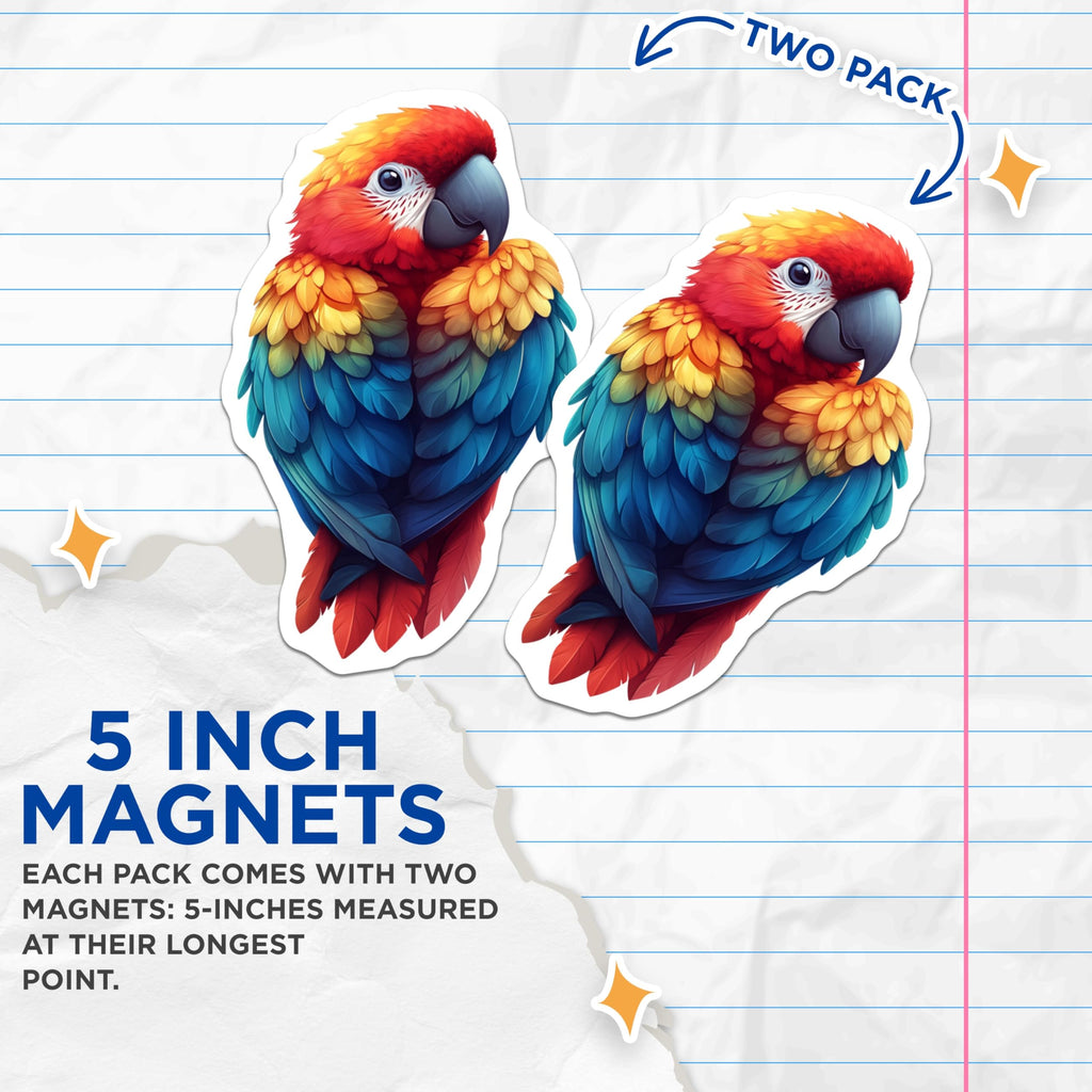(2 Pack) Macaw Parrot Magnets - Vibrant Tropical Bird Decor - Colorful Fridge Locker Art - 5 Inches On Longest Side - Thick Durable Magnet - Made in USA - MAG29200