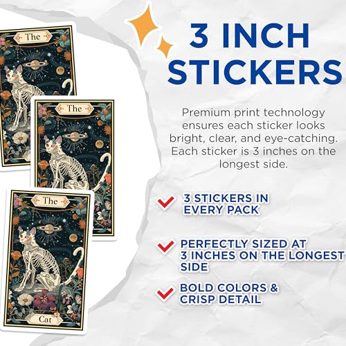 (3 Pack) Tarot Cat Decals - Skeleton Feline Stickers - Floral Occult Art Decals - 3 Inches On Longest Side - Easy Peel & Apply - Made in USA - 3MCS2476