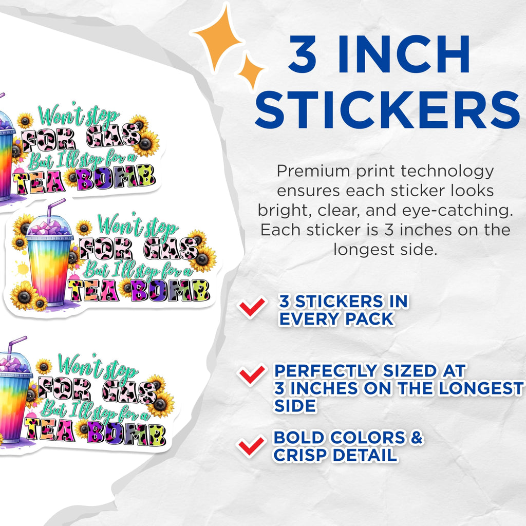 (3 Pack) Tea Bomb Decals - Funny Beverage Art - Sunflower Decal Stickers - 3 Inches On Longest Side - Easy Peel & Apply - Made in USA - 3MCS7071