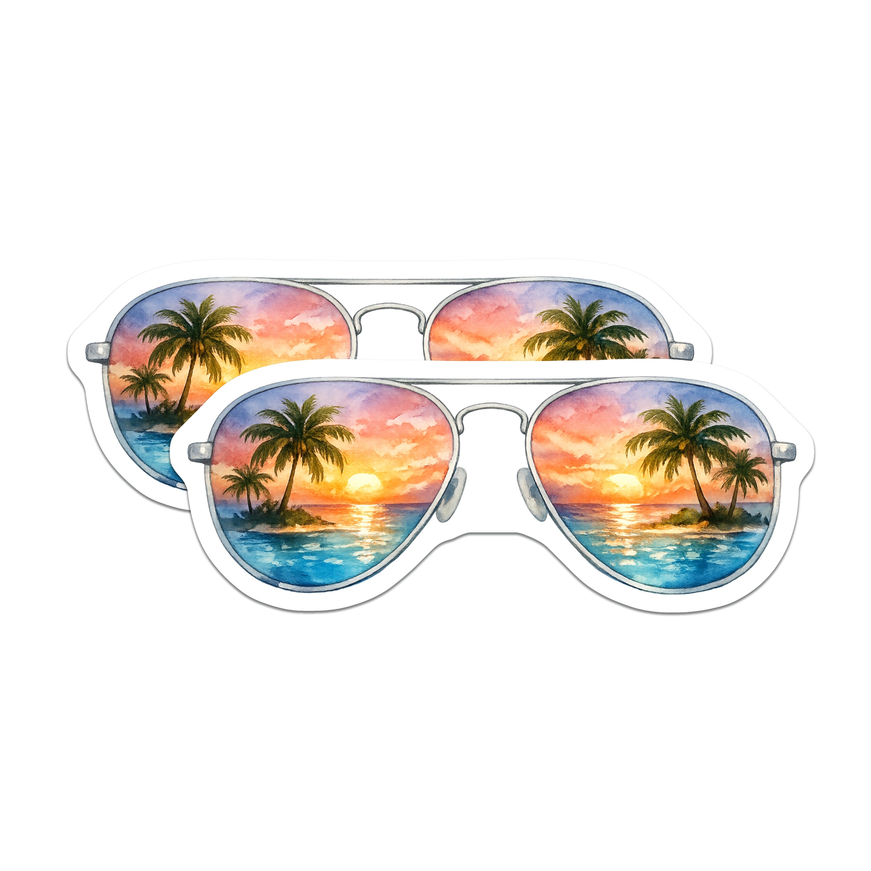 (2 Pack) Tropical Sunset Magnets - Beach Vacation Decor - Aviator Sunglasses Art - Summer Travel Aesthetic - Island Ocean Scene - 5" - Durable Magnet - Made in USA - MAG37085