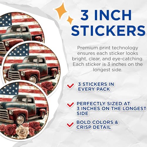 (3 Pack) Vintage Truck Decals - American Flag - Floral Decals - 3 Inches On Longest Side - Easy Peel & Apply - Made in USA - 3MCS0043