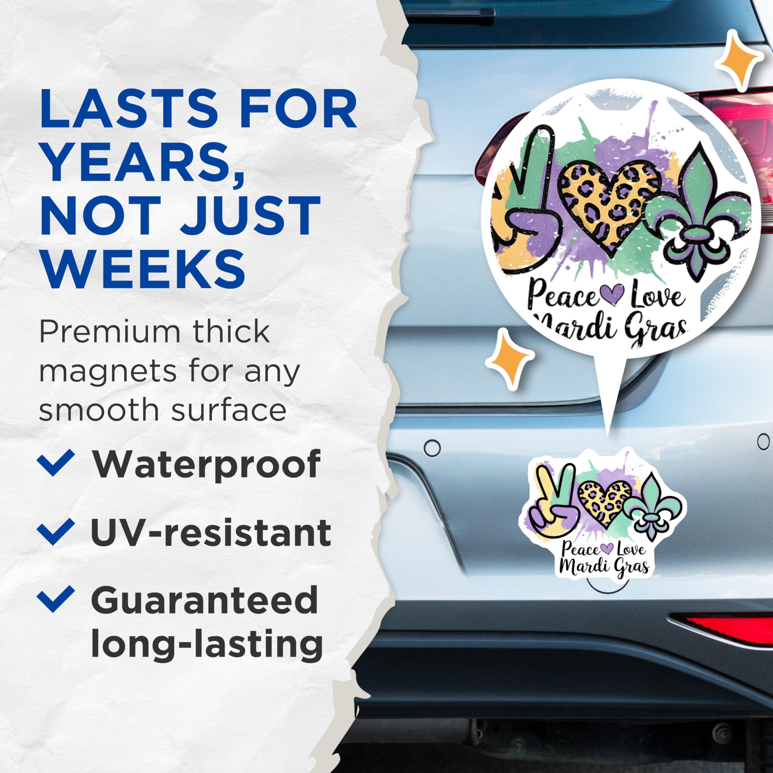 (2 Pack) Mardi Gras Magnets - Peace Love Leopard Heart - Fleur de Lis Refrigerator Decor - 5" On Longest Side - Premium Magnet - for Cars, Refrigerators, Toolboxes, Lockers - Made in USA - MAG14845