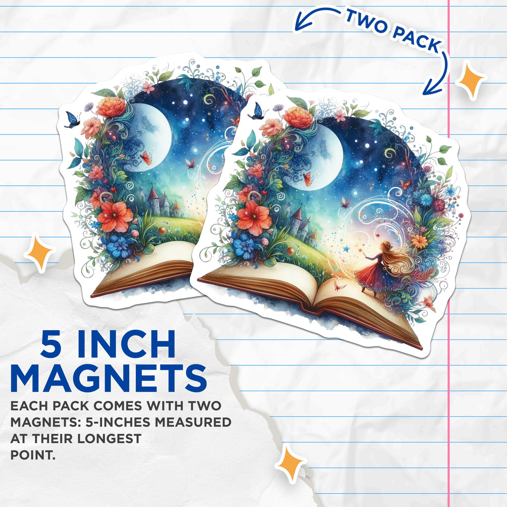 (2 Pack) Magical Storybook Magnets - Fantasy Reading Decor - Whimsical Book Lover Art - Enchanted Fairy Tale Scene - 5 Inches On Longest Side - Thick Durable Magnet - Made in USA - MAG37369