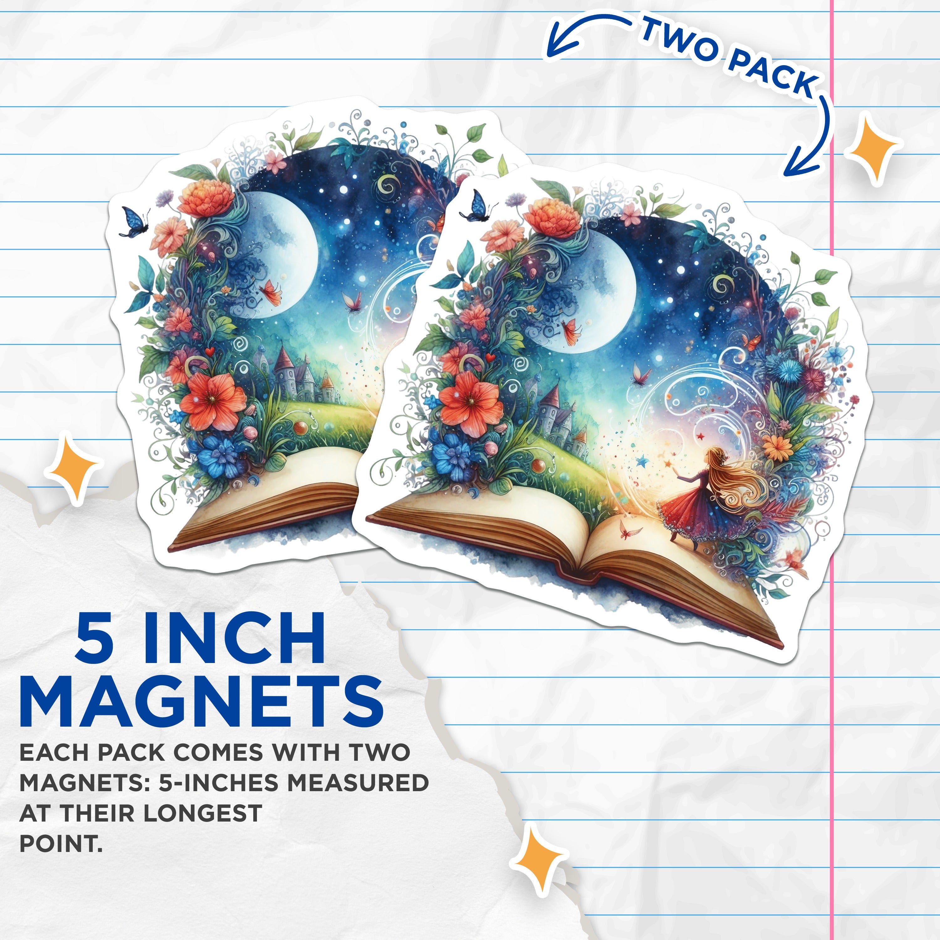 (2 Pack) Magical Storybook Magnets - Fantasy Reading Decor - Whimsical Book Lover Art - Enchanted Fairy Tale Scene - 5 Inches On Longest Side - Thick Durable Magnet - Made in USA - MAG37369