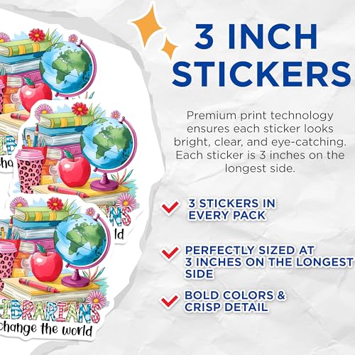 (3 Pack) Librarian Decals - Librarian Change The World - Librarian Gift - 3 Inches On Longest Side - Easy Peel & Apply - Made in USA - 3MCS2501