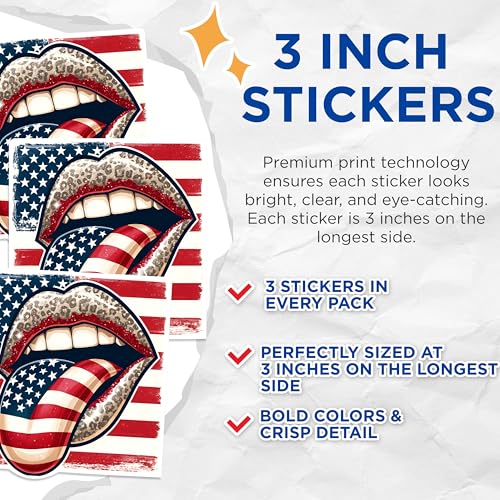 (3 Pack) American Flag Lips Decals - Leopard Print Lips - USA Flag Laptop Decals - 3 Inches On Longest Side - Easy Peel & Apply - Made in USA - 3MCS1529