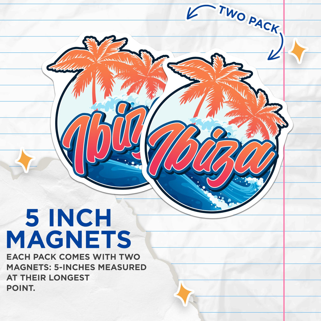 (2 Pack) Ibiza Magnets - Palm Tree Decor - Summer Beach Accessories - 5" On Longest Side - Premium Magnet - for Cars, Refrigerators, Toolboxes, Lockers - Made in USA - MAG18845