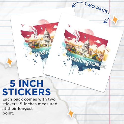 (2 Pack) Washington DC Stickers - Capitol Building Decals - Travel Souvenir Stickers - 5" On Longest Side - Sticks to Smooth Flat Surfaces - Made in USA - BMCS5556