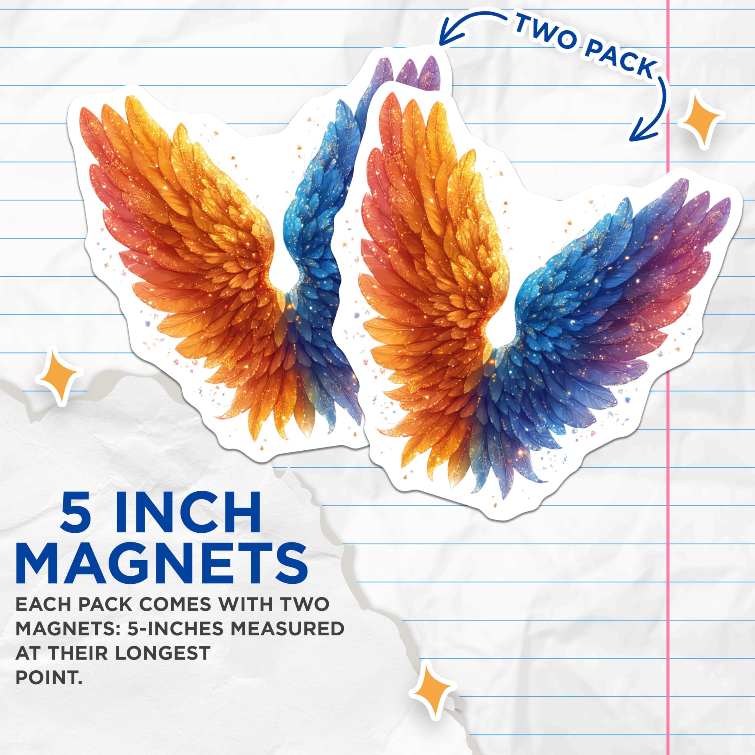 (2 Pack) Shimmering Gold Blue Wings Magnets - Artistic Feather Celestial Design - Spiritual Fantasy Refrigerator Decor - 5 Inches On Longest Side - Thick Durable Magnet - Made in USA - MAG24867