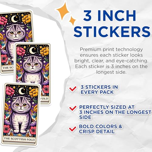 (3 Pack) Scottish Fold Decals - Cat Decals - Laptop Decal - 3 Inches On Longest Side - Easy Peel & Apply - Made in USA - 3MCS0119