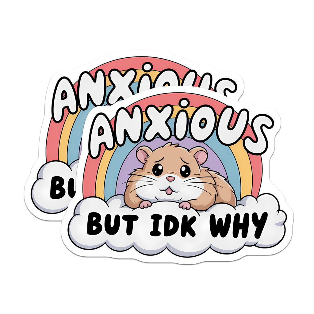 (2 Pack) Anxious Hamster Stickers - IDK Why Cute Animal Decal - Mental Health Awareness Rainbow Cloud Emotional Sticker - 5" On Longest Side - Sticks to Smooth Flat Surfaces - Made in USA - BMCS21341