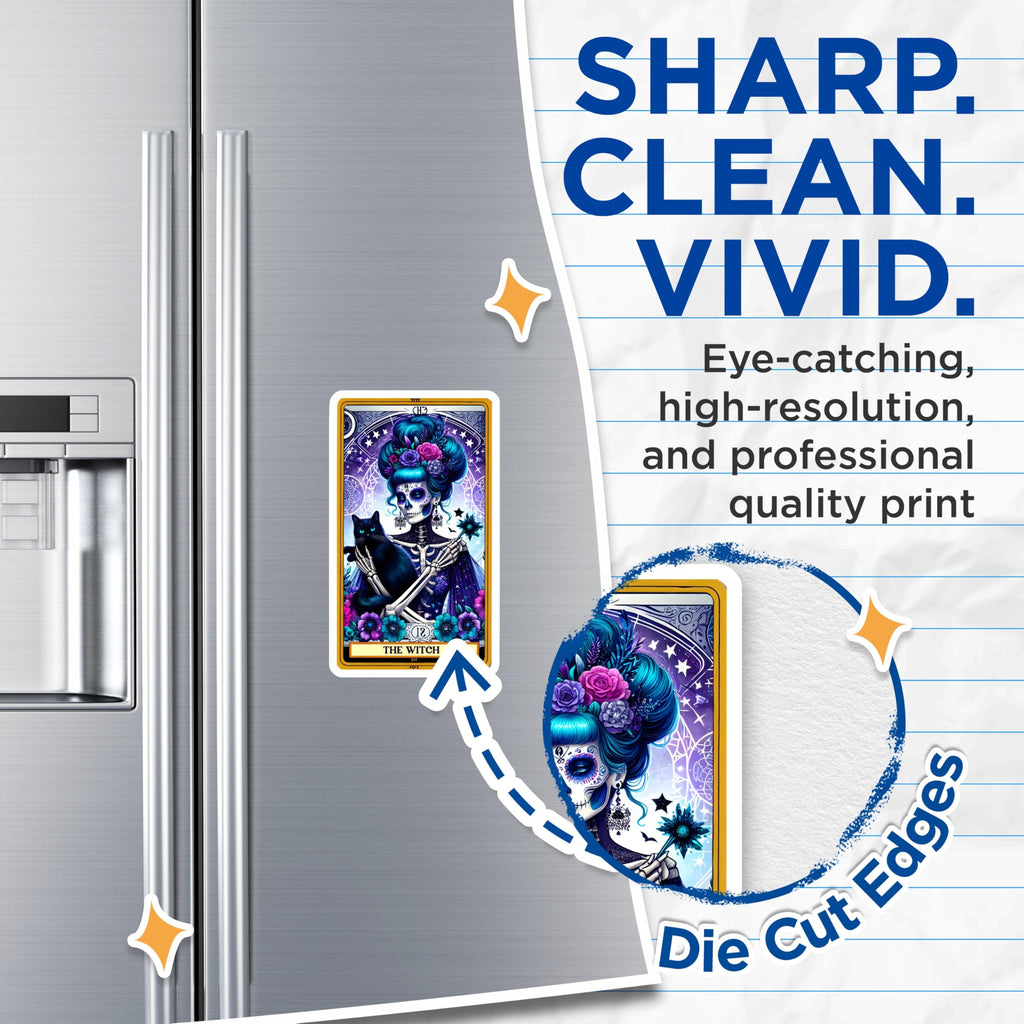 (2 Pack) Dia de Los Muertos Witch Magnets - Mystical Sugar Skull Cat - Tarot Art Witchy Refrigerator Decor - 5 Inches On Longest Side - Thick Durable Magnet - Made in USA - MAG20425