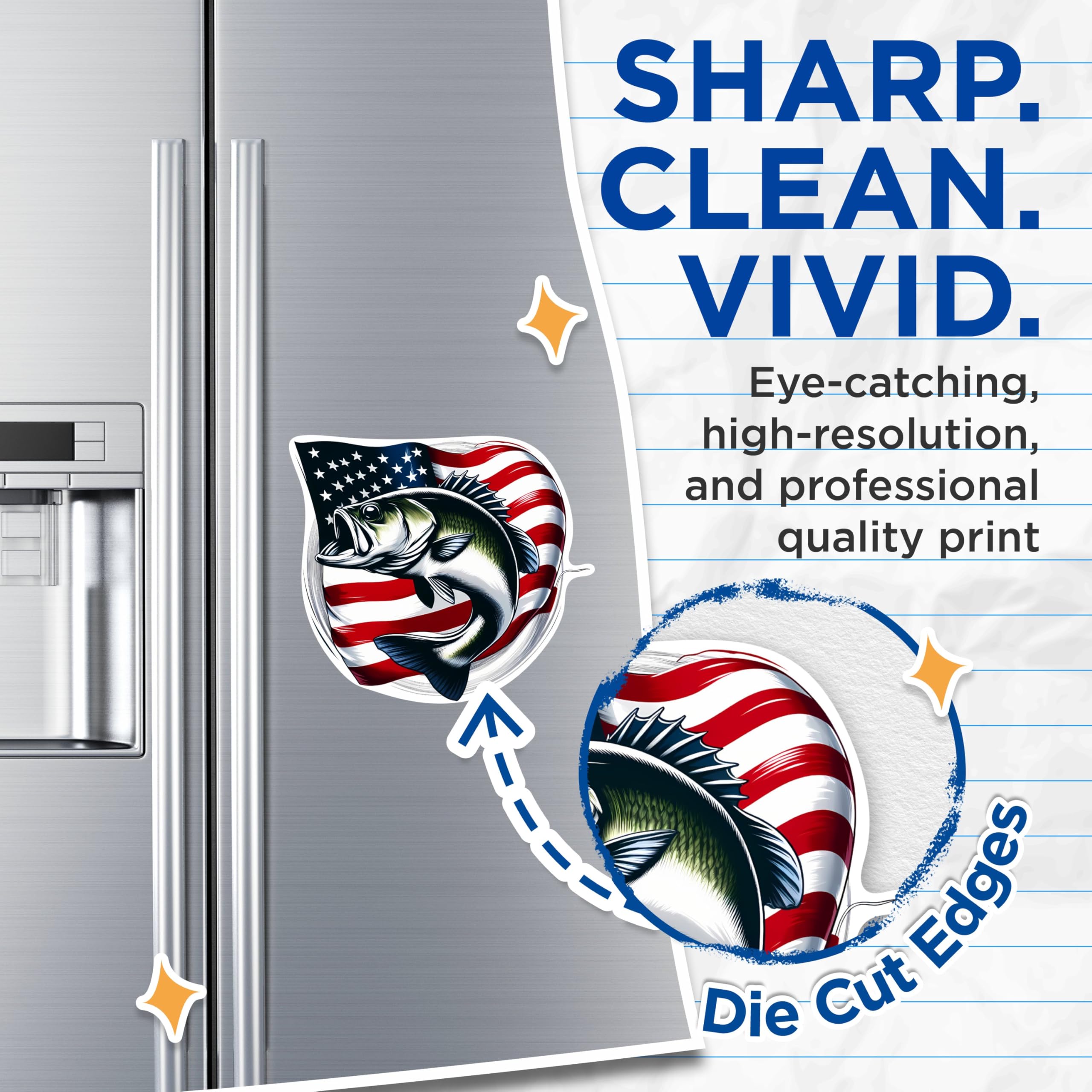 (2 Pack) USA Flag Bass Magnets - American Patriotic Fisherman - Fishing Enthusiast - 5 Inches On Longest Side - Premium Magnet - for Cars, Refrigerators, Toolboxes - Made in USA - MAG2213