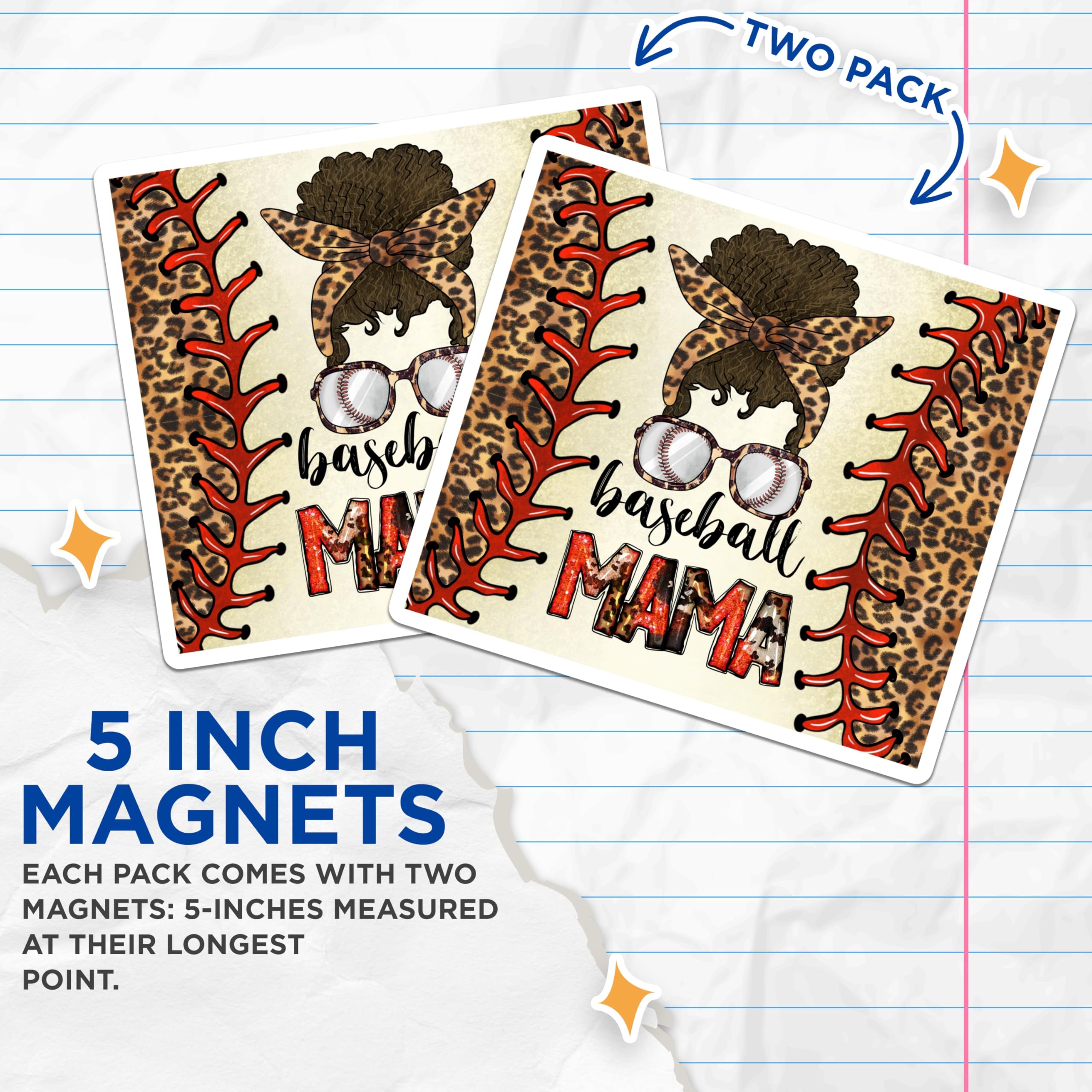 (2 Pack) Baseball Mom Messy Bun Magnets - Leopard Print Mama - Game Day Accessories - 5 Inches On Longest Side - Thick Durable Magnet - Made in USA - MAG29897