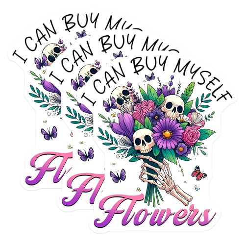 (3 Pack) Skull Flowers Decals - Gothic Laptop - Floral Skeleton - 'I Can Buy Myself Flowers' - 3 Inches On Longest Side - Easy Peel & Apply - Made in USA - 3MCS6151