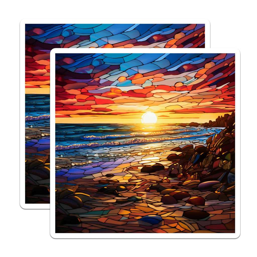 (2 Pack) Stained Glass Sunset Magnets - Vibrant Beach Ocean Waves - Coastal Landscape Art - Abstract Mosaic Decor - 5 Inches On Longest Side - Thick Durable Magnet - Made in USA - MAG24607