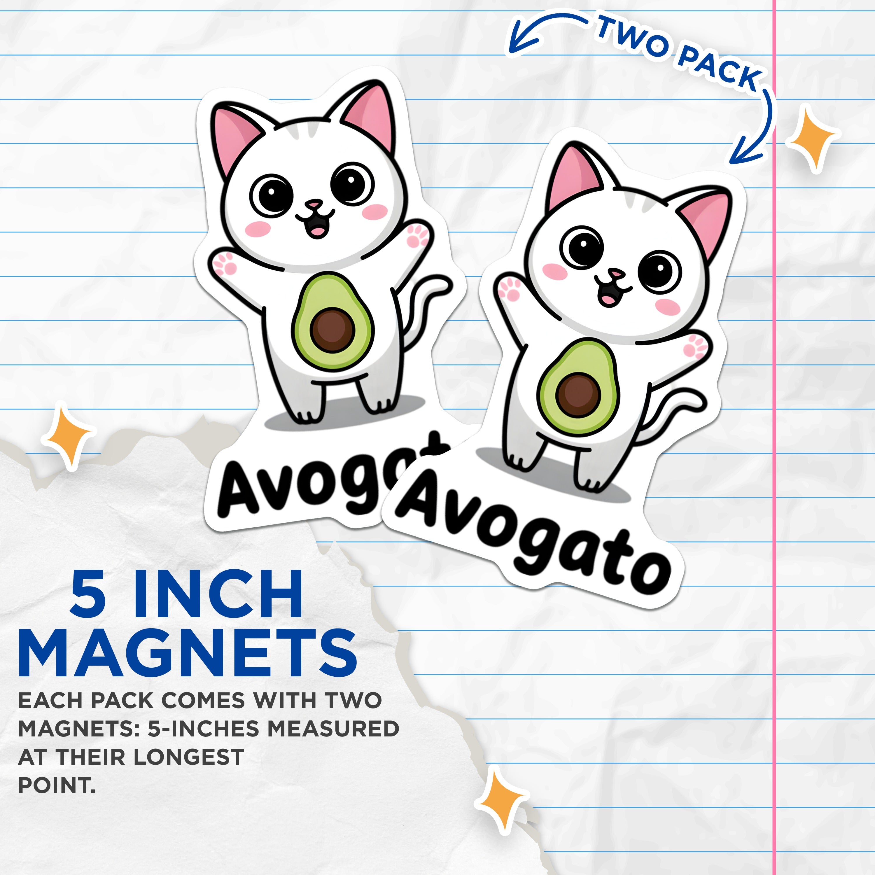 (2 Pack) Avogato Cat Magnets - Kawaii Avocado Pun - Fun Fridge Magnet - Animal Lover Accessory - 5 Inches On Longest Side - Thick Durable Magnet - Made in USA - MAG38687
