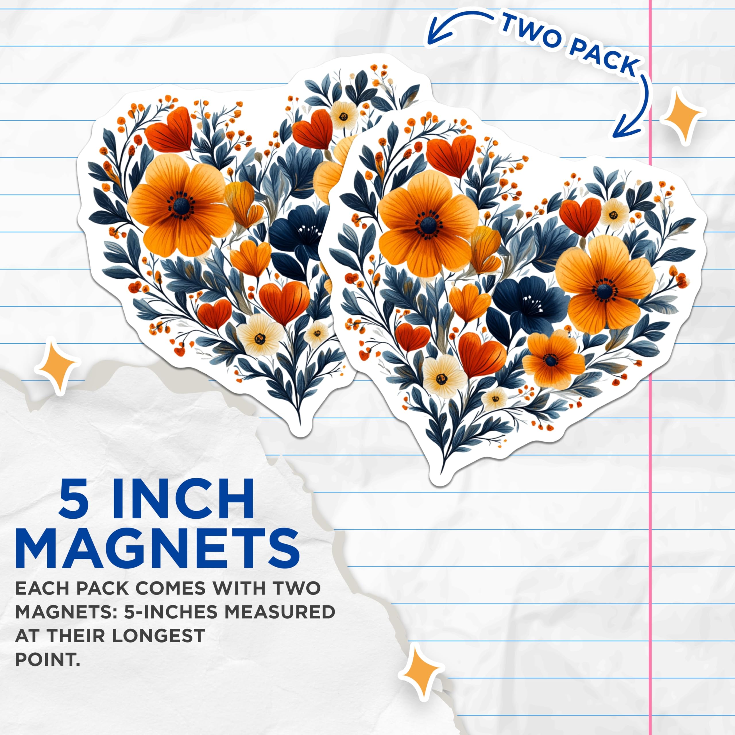 (2 Pack) Floral Heart Magnets - Botanical Love Decor - Cozy Home Refrigerator Art - 5 Inches On Longest Side - Thick Durable Magnet - Made in USA - MAG30032