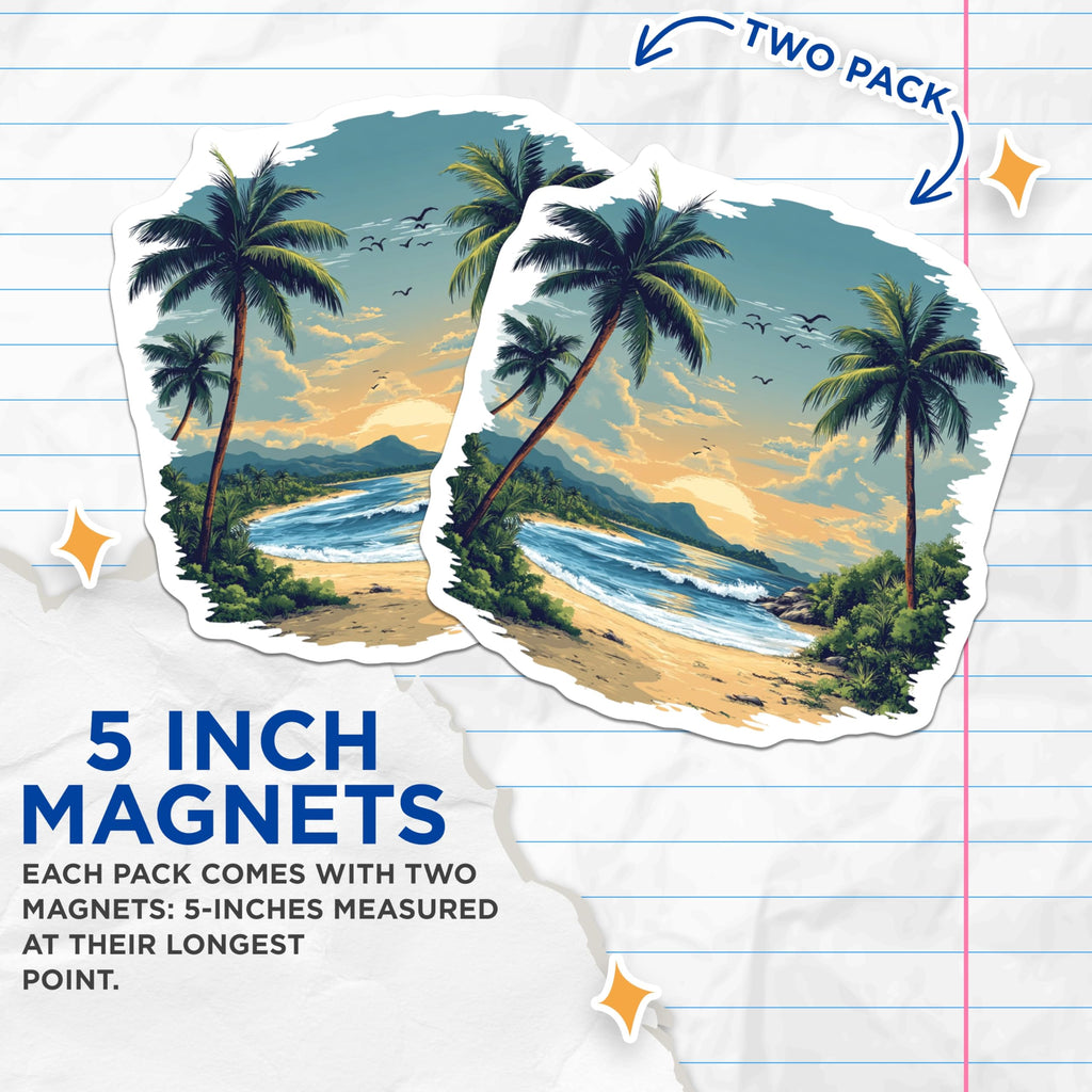 (2 Pack) Tropical Beach Magnets - Sunset Coastal Decor - Palm Tree Landscape - 5 Inches On Longest Side - Thick Durable Magnet - Made in USA - MAG26024