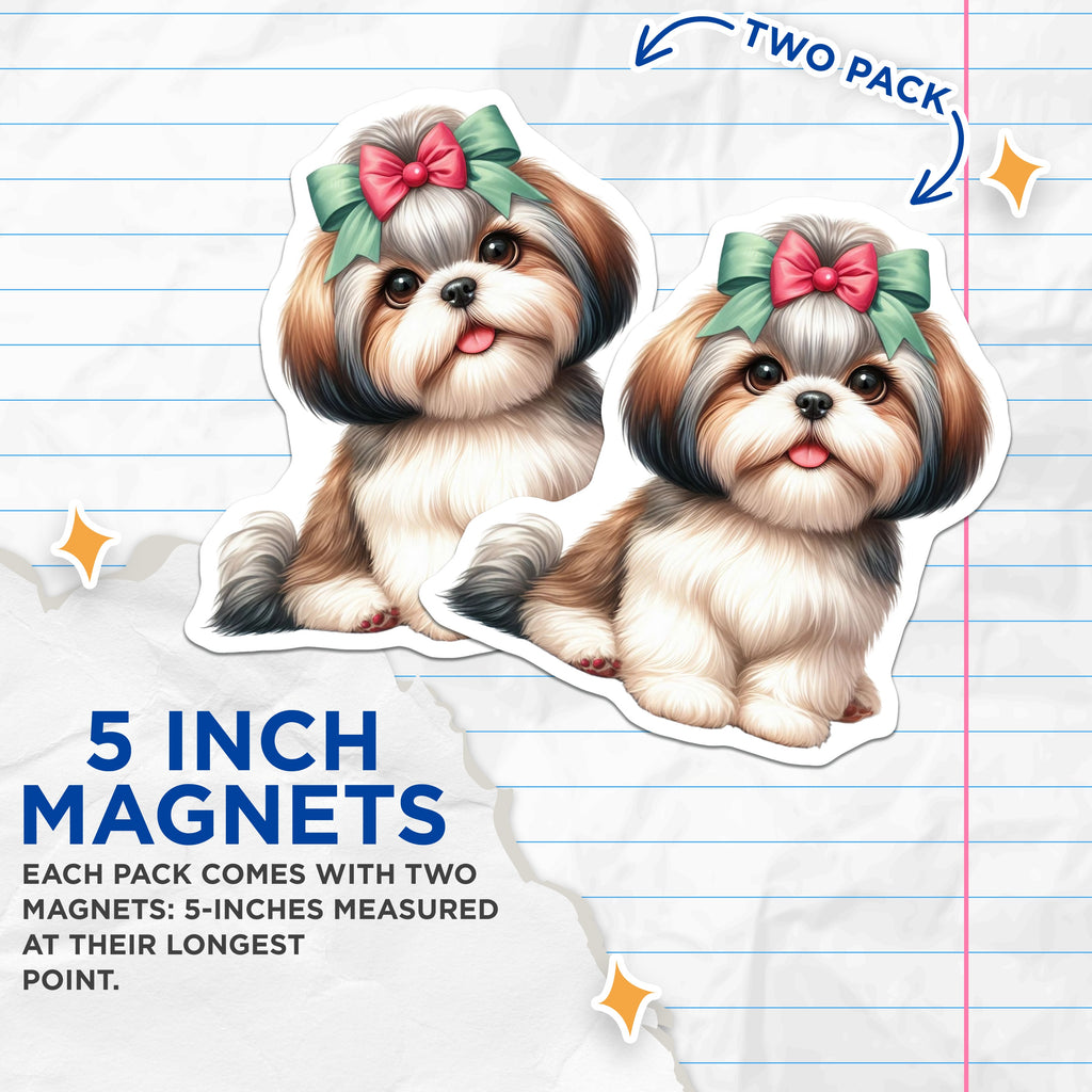 (2 Pack) Cute Shih Tzu Puppy Magnets - Dog Lover Fridge Decor - Pet Mom Accessory - Animal Magnets - 5 Inches On Longest Side - Thick Durable Magnet - Made in USA - MAG36579